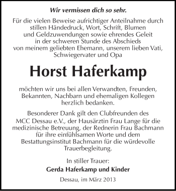 Traueranzeige von Horst Haferkamp von Mitteldeutsche Zeitung Dessau-Roßlau