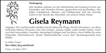 Traueranzeige von Gisela Reymann von Mitteldeutsche Zeitung Aschersleben