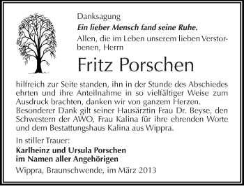 Traueranzeige von Fritz Porschen von Mitteldeutsche Zeitung Mansfelder Land
