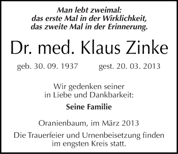 Traueranzeige von Klaus Zinke von Mitteldeutsche Zeitung Wittenberg