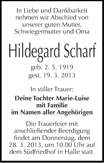 Traueranzeige von Hildegard Scharf von Mitteldeutsche Zeitung Halle/Saalkreis