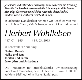 Traueranzeige von Herbert Wohlleben von Mitteldeutsche Zeitung Halle/Saalkreis