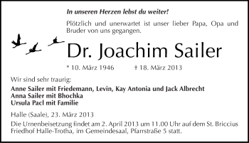 Traueranzeige von Joachim Sailer von Mitteldeutsche Zeitung Halle/Saalkreis