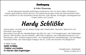 Traueranzeige von Hardy Schlißke von Mitteldeutsche Zeitung Sangerhausen