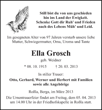 Traueranzeige von Ella Grosch von Mitteldeutsche Zeitung Sangerhausen