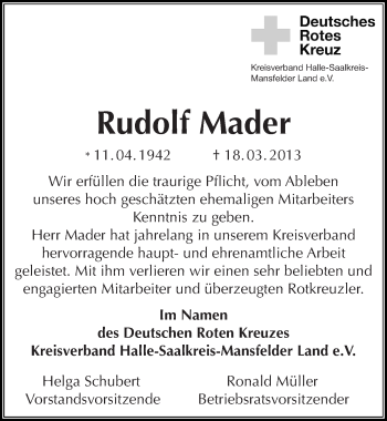 Traueranzeige von Rudolf Mader von Mitteldeutsche Zeitung Halle/Saalkreis