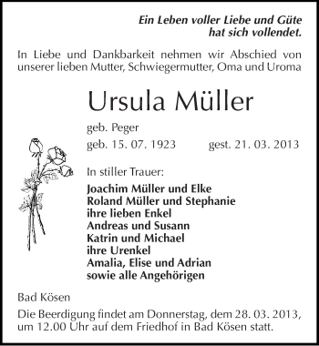Traueranzeige von Ursula Müller von Mitteldeutsche Zeitung Naumburg/Nebra