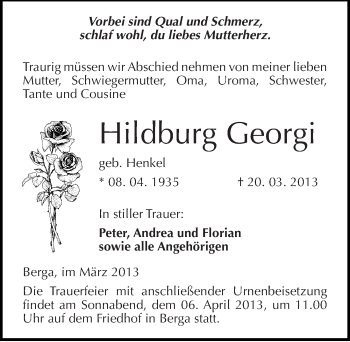 Traueranzeige von Hildburg Georgi von Mitteldeutsche Zeitung Sangerhausen
