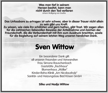 Traueranzeige von Sven Wittow von Mitteldeutsche Zeitung Naumburg/Nebra