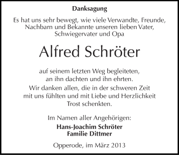 Traueranzeige von Alfred Schröter von Mitteldeutsche Zeitung Quedlinburg