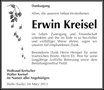 Traueranzeige von Erwin Kreisel von Mitteldeutsche Zeitung Halle/Saalkreis
