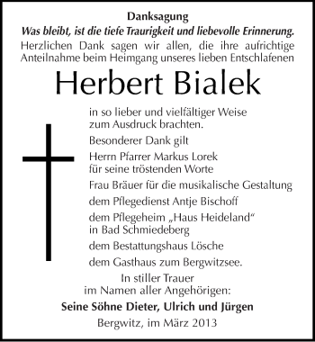 Traueranzeige von Herbert Bialek von Mitteldeutsche Zeitung Wittenberg