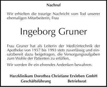 Traueranzeige von Ingeborg Gruner von Mitteldeutsche Zeitung Quedlinburg