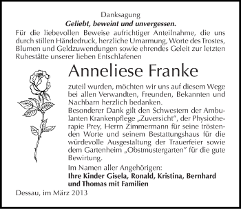 Traueranzeige von Anneliese Franke von Mitteldeutsche Zeitung Dessau-Roßlau