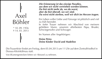 Traueranzeige von Axel Böhler von Mitteldeutsche Zeitung Dessau-Roßlau
