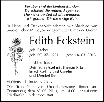 Traueranzeige von Edith Eckstein von Mitteldeutsche Zeitung Sangerhausen