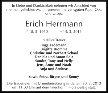 Traueranzeige von Erich Herrmann von Mitteldeutsche Zeitung Bitterfeld