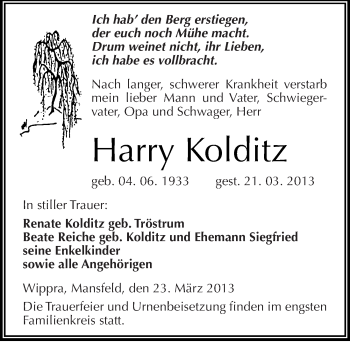 Traueranzeige von Harry Kolditz von Mitteldeutsche Zeitung Mansfelder Land