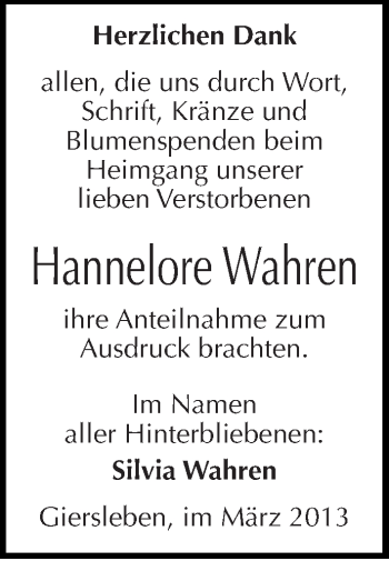 Traueranzeige von Hannelore Wahren von Mitteldeutsche Zeitung Aschersleben
