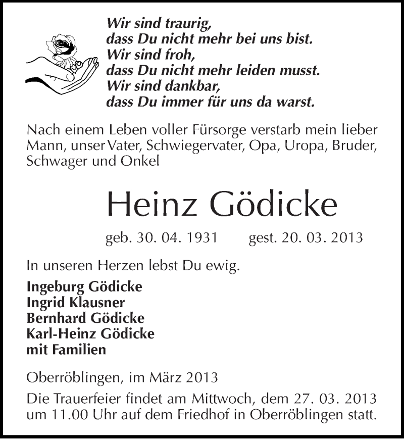  Traueranzeige für Heinz Gödicke vom 23.03.2013 aus Mitteldeutsche Zeitung Sangerhausen
