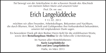 Traueranzeige von Erich Langelüddecke von Mitteldeutsche Zeitung Halle/Saalkreis