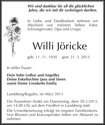 Traueranzeige von Willi Jöricke von Mitteldeutsche Zeitung Halle/Saalkreis