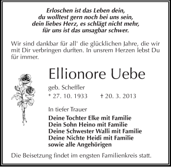 Traueranzeige von Ellionore Uebe von Mitteldeutsche Zeitung Bitterfeld
