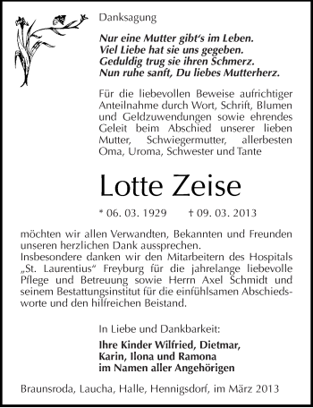Traueranzeige von Lotte Zeise von Mitteldeutsche Zeitung Naumburg/Nebra
