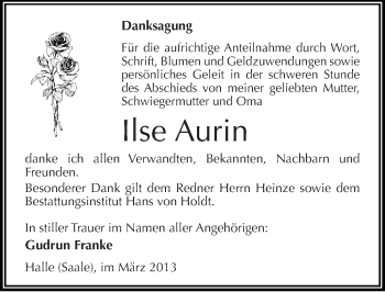 Traueranzeige von Ilse Aurin von Mitteldeutsche Zeitung Halle/Saalkreis