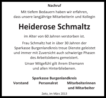 Traueranzeige von Heiderose Schmaltz von Mitteldeutsche Zeitung Naumburg/Nebra