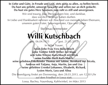 Traueranzeige von Willi Kutschbach von Mitteldeutsche Zeitung Naumburg/Nebra