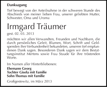 Traueranzeige von Irmgard Träumer von Mitteldeutsche Zeitung Naumburg/Nebra