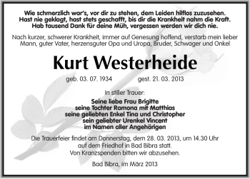 Traueranzeige von Kurt Westerheide von Mitteldeutsche Zeitung Naumburg/Nebra
