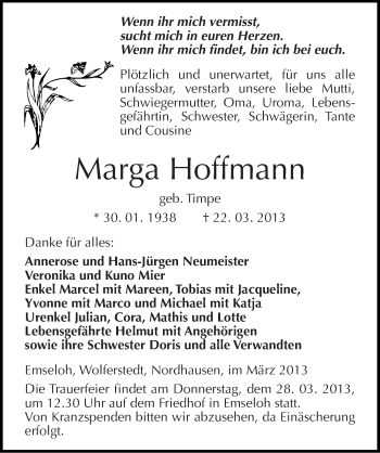 Traueranzeige von Marga Hoffmann von Mitteldeutsche Zeitung Sangerhausen