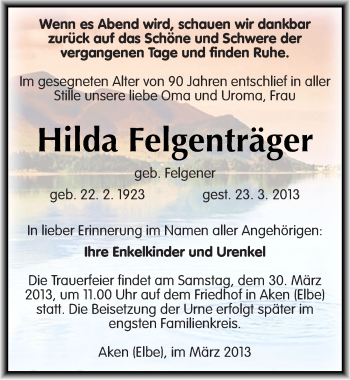 Traueranzeige von Hilda Felgenträger von Mitteldeutsche Zeitung Köthen