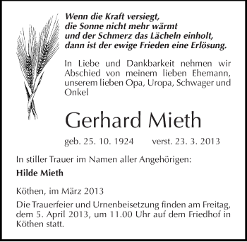 Traueranzeige von Gerhard Mieth von Mitteldeutsche Zeitung Köthen