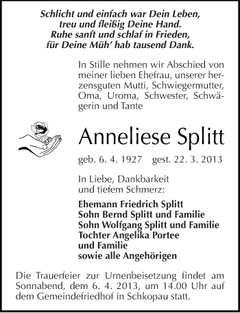 Traueranzeige von Anneliese Splitt von Mitteldeutsche Zeitung Merseburg/Querfurt