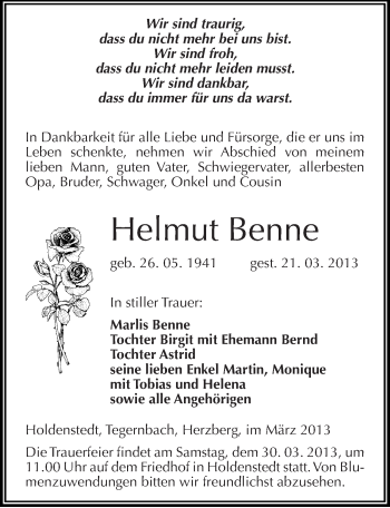 Traueranzeige von Helmut Benne von Mitteldeutsche Zeitung Sangerhausen