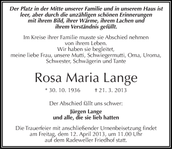Traueranzeige von Rosa Maria Lange von Mitteldeutsche Zeitung Halle/Saalkreis