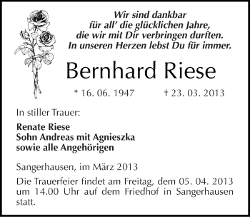Traueranzeige von Bernhard Riese von Mitteldeutsche Zeitung Sangerhausen