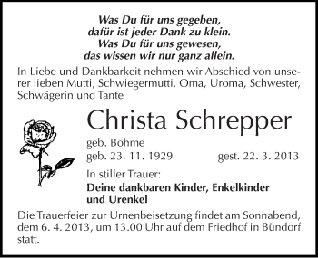 Traueranzeige von Christa Schrepper von Mitteldeutsche Zeitung Merseburg/Querfurt