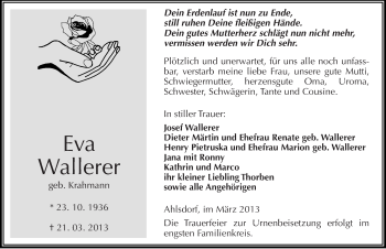 Traueranzeige von Eva Wallerer von Mitteldeutsche Zeitung Mansfelder Land