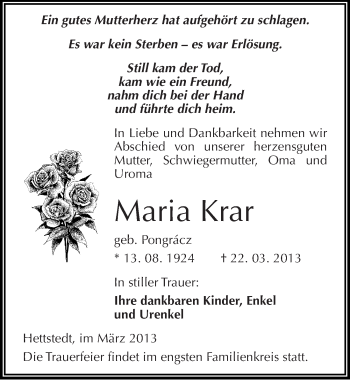 Traueranzeige von Maria Krar von Mitteldeutsche Zeitung Mansfelder Land
