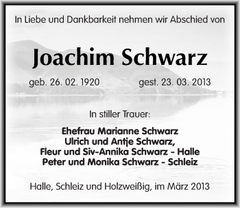 Traueranzeige von Joachim Schwarz von Mitteldeutsche Zeitung Bitterfeld