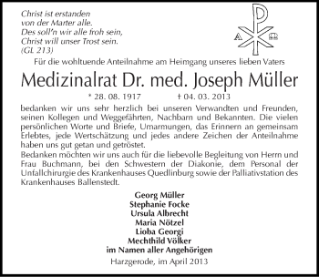 Traueranzeige von Joseph Müller von Mitteldeutsche Zeitung Quedlinburg