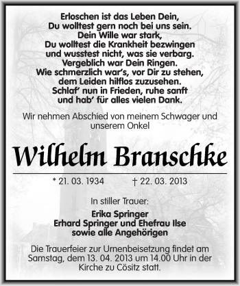 Traueranzeige von Wilhelm Branschke von Mitteldeutsche Zeitung Köthen