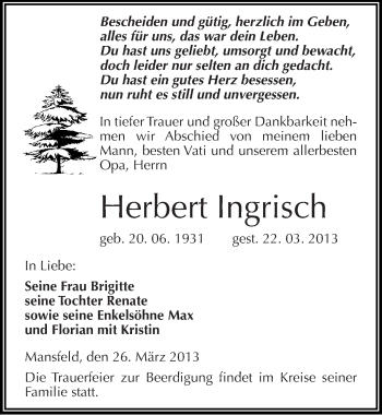 Traueranzeige von Herbert Ingrisch von Mitteldeutsche Zeitung Mansfelder Land
