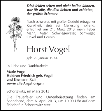 Traueranzeige von Horst Vogel von Mitteldeutsche Zeitung Köthen