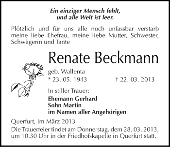 Traueranzeige von Renate Beckmann von Mitteldeutsche Zeitung Merseburg/Querfurt