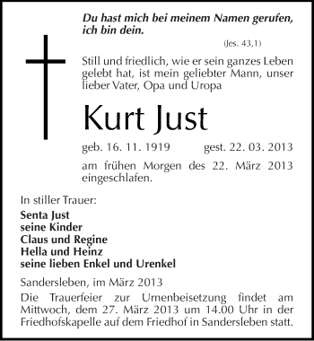 Traueranzeige von Kurt Just von Mitteldeutsche Zeitung Mansfelder Land